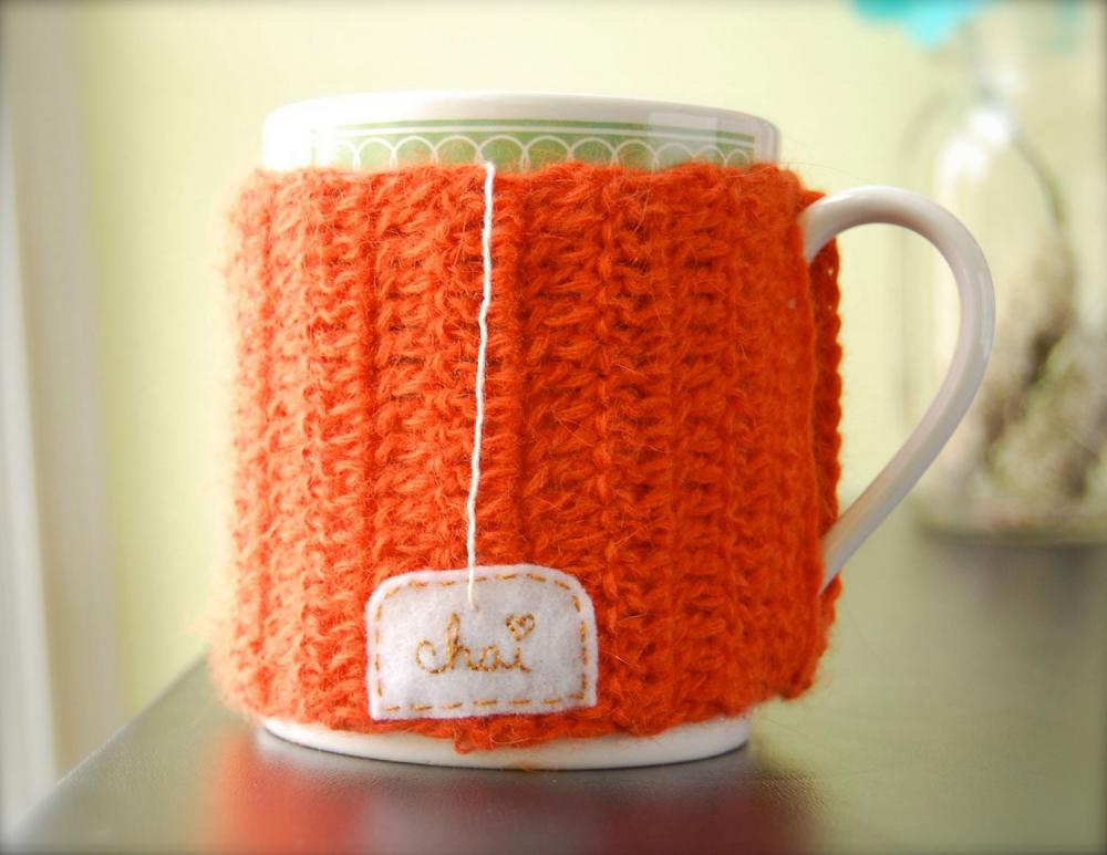 Chai Love Mug Cozy Burnt Orange Crocheted Tea Cup Cozy - Made To Order
